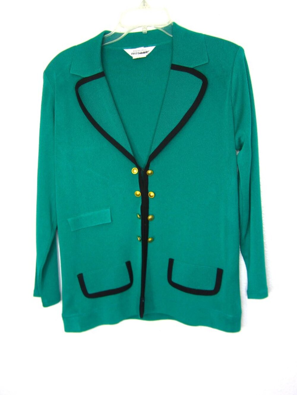 Misook Signature Knit Size S Altered Jacket Green Black Trim Gold Buttons Career